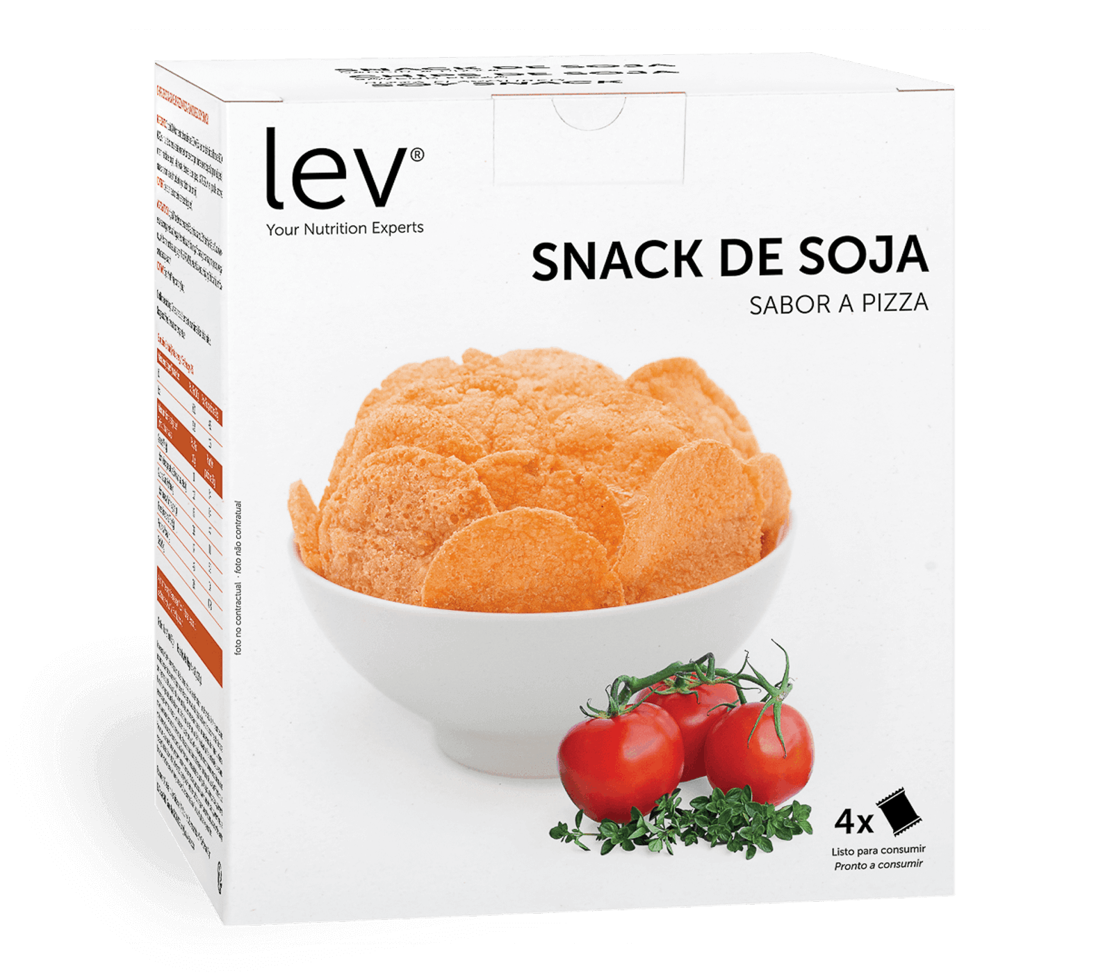 snack de soja sabor a pizza lev, uma opção saudável enriquecida com tomate e óregãos para a sua dieta
