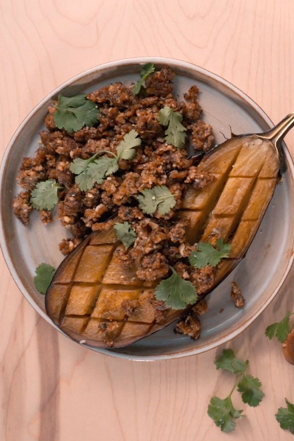 Receita lev de beringela assada com hamburguer picado - receita vegetariana