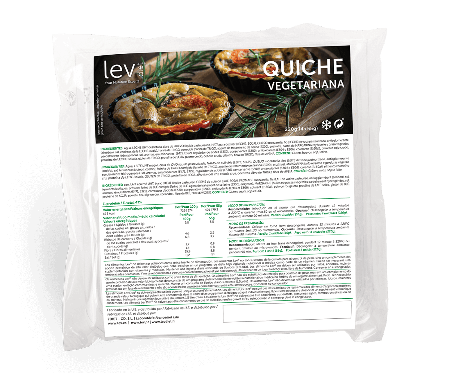 quiche vegetariana lev saudável, congelada, processo artesanal