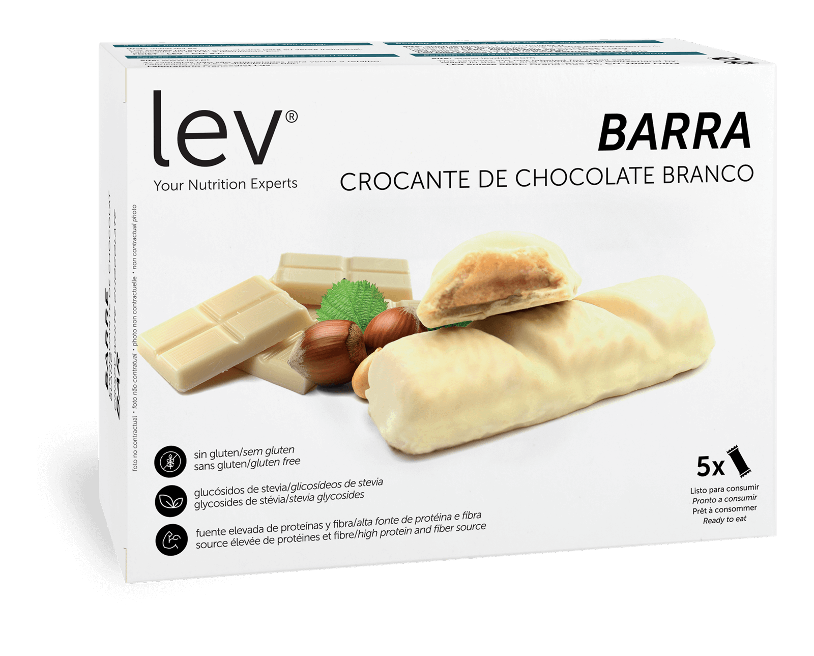 barra crocante de chocolate branco lev, interior de avelã, sem gluten e sem açúcares adicionados, uma opção saudável e apta para dieta