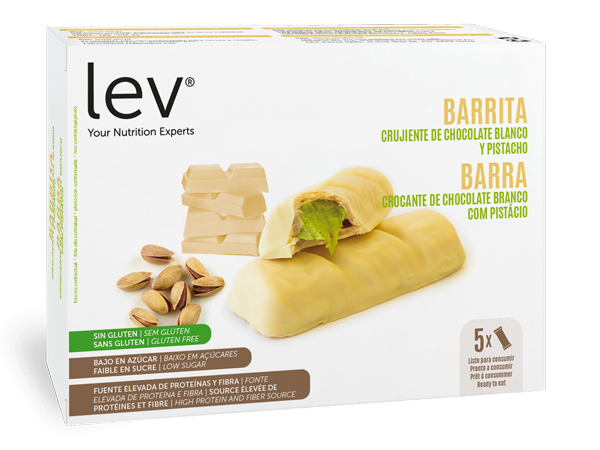 barra crocante de branco com pistácio, sem açúcares adicionados, sem gluten, apto para dieta