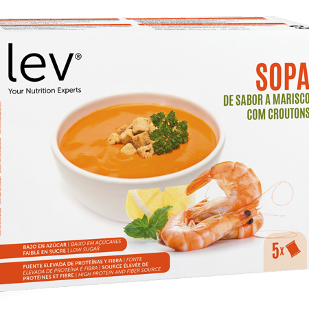 Sopa de sabor a marisco com croutons pronta a consumir