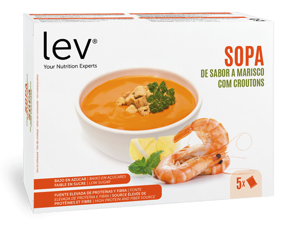 Sopa de sabor a marisco com croutons pronta a consumir