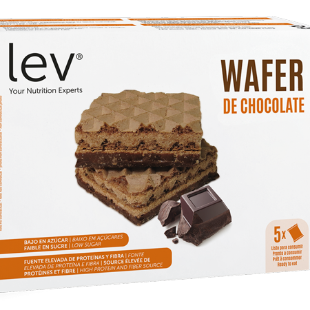 bolacha tipo wafer com sabor a chocolate, sem açúcar, rico em proteína