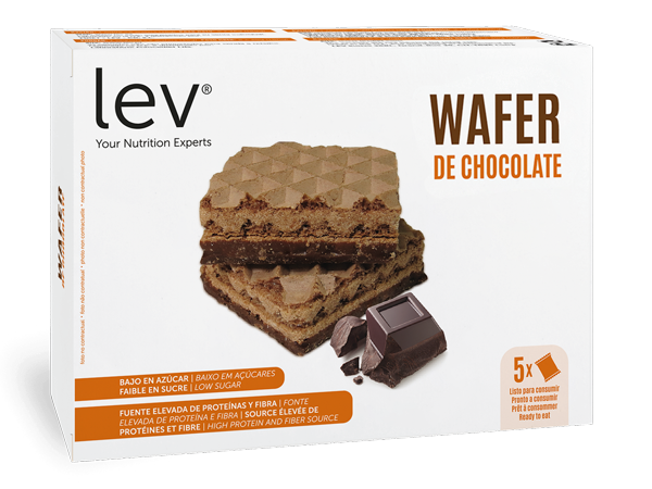 bolacha tipo wafer com sabor a chocolate, sem açúcar, rico em proteína