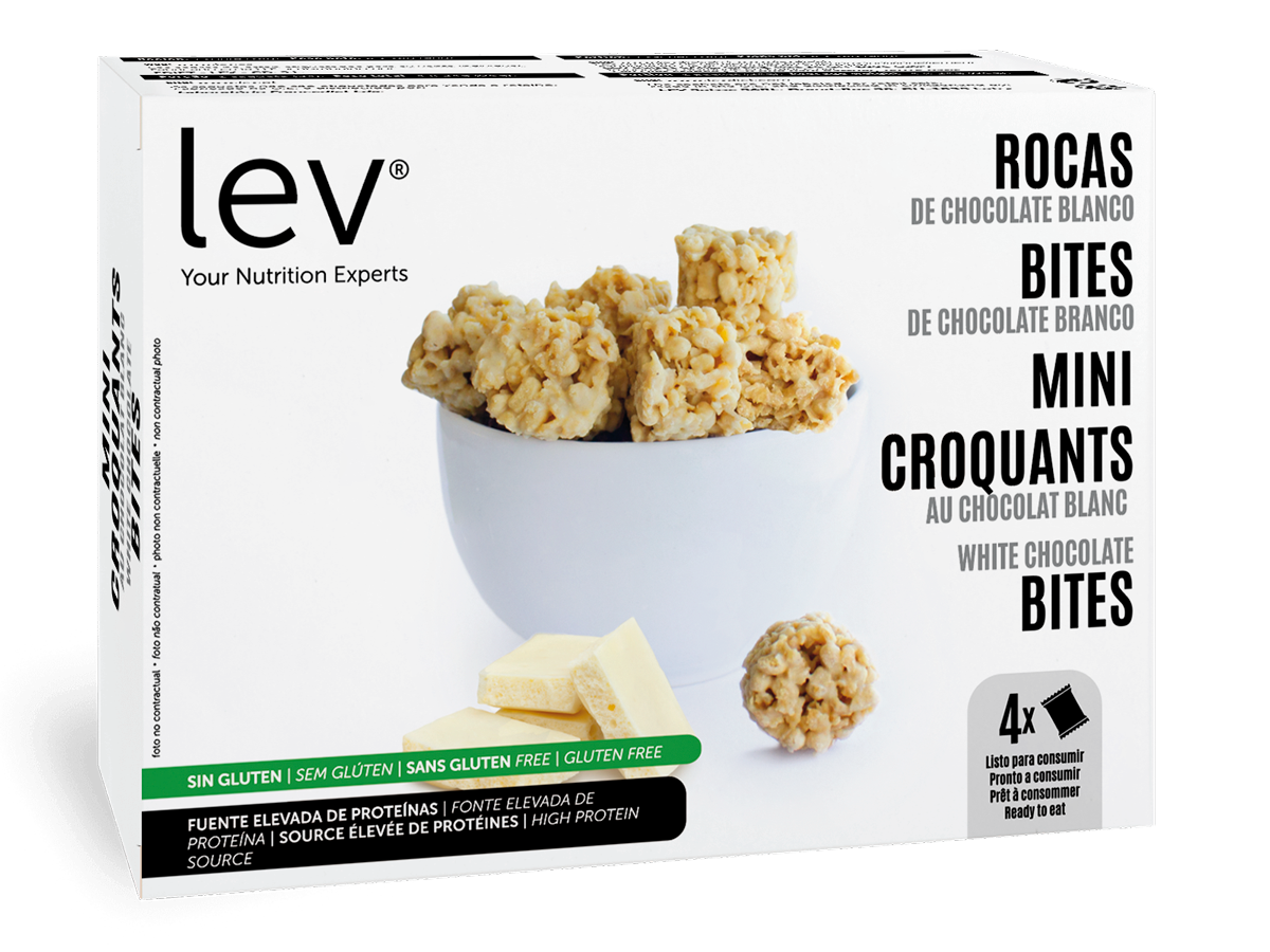 bites de Chocolate Branco, granola de chocolate branco, sem açúcares, sem glúten, rico em proteína