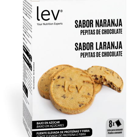 cookie de laranja e pepitas de chocolate lev, uma opção de snack saudável e dietético, bolacha seca com sabor a laranja e pepitas de chocolate, sem açúcares, rica em proteína