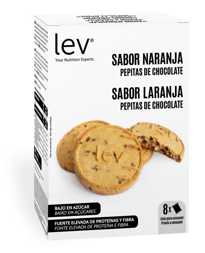 cookie de laranja e pepitas de chocolate lev, uma opção de snack saudável e dietético, bolacha seca com sabor a laranja e pepitas de chocolate, sem açúcares, rica em proteína